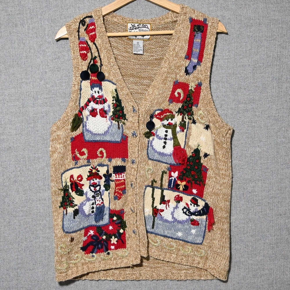 Quacker Factory Snowman Sweater Vest Womens M Holiday Christmas Hong Kong Tan